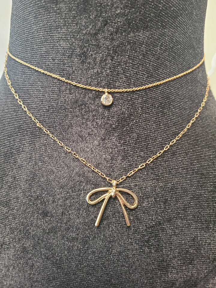 Gold Bow & Crystal Necklace