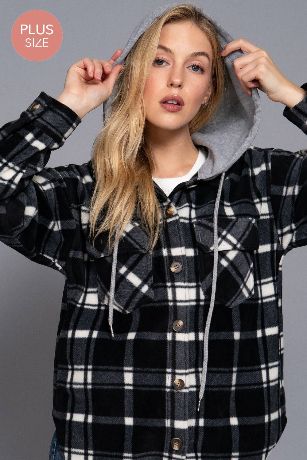 Gray Plaid Fleece Hooded Jacket