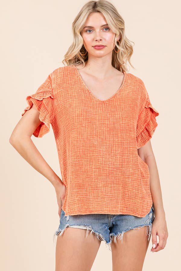 V-Neck Ruffle SSLV Top: S / PINK GIRL