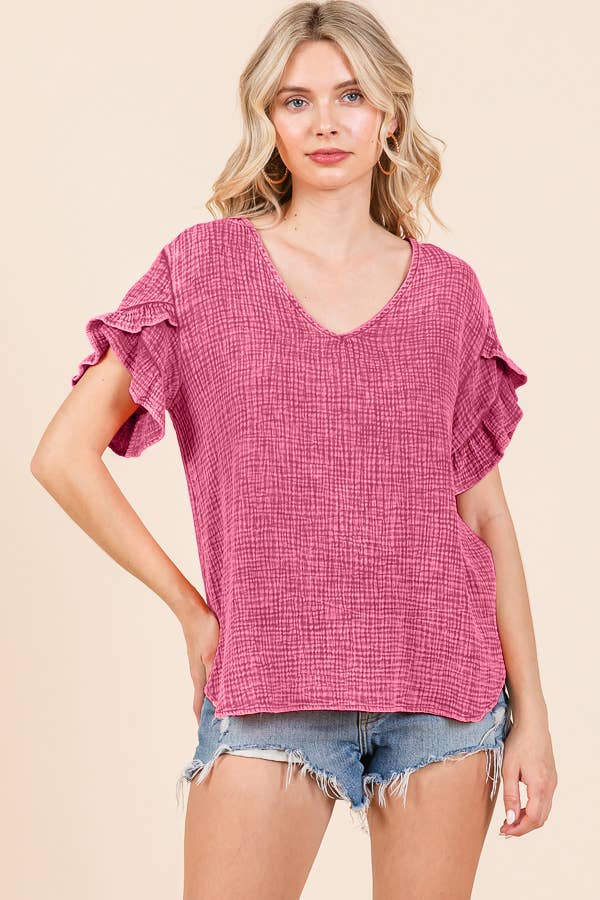 V-Neck Ruffle SSLV Top: S / PINK GIRL