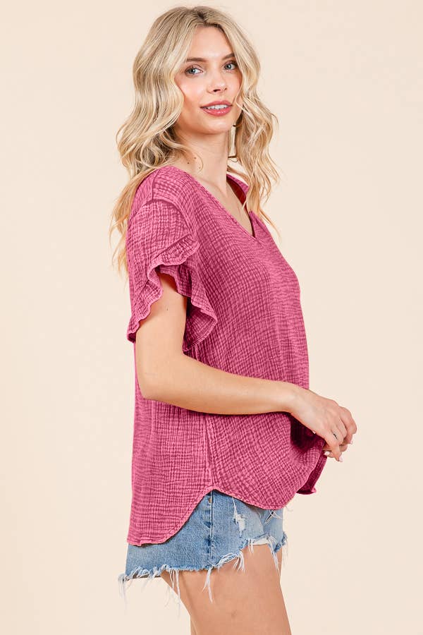 V-Neck Ruffle SSLV Top: S / PINK GIRL