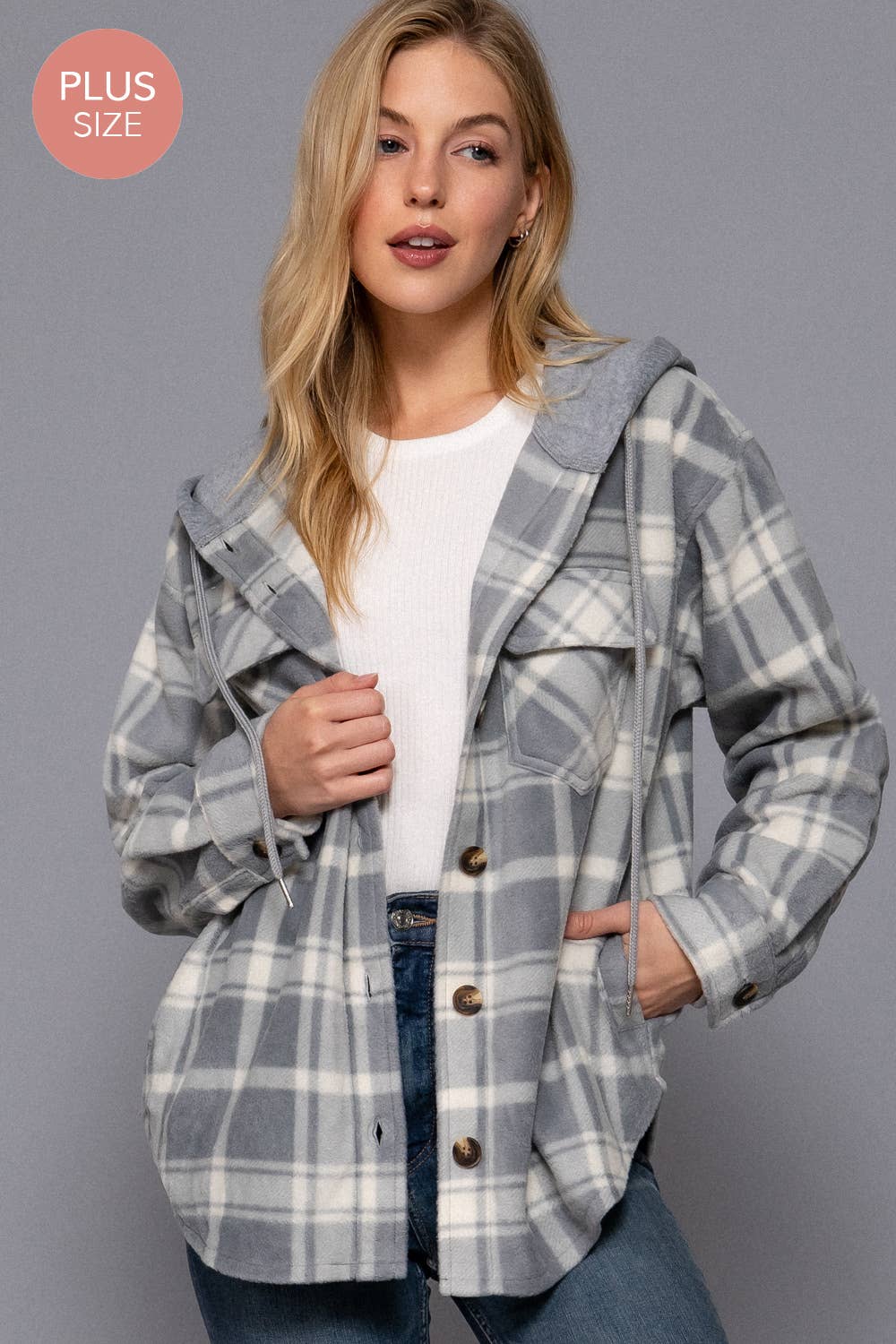 Gray Plaid Fleece Hooded Jacket