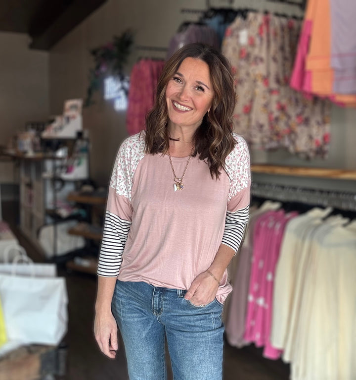 Dusty Pink Floral & Stripe Top