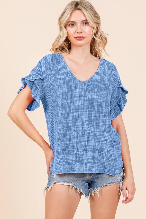 V-Neck Ruffle SSLV Top: S / PINK GIRL