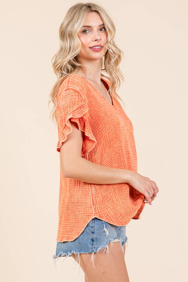 V-Neck Ruffle SSLV Top: S / PINK GIRL