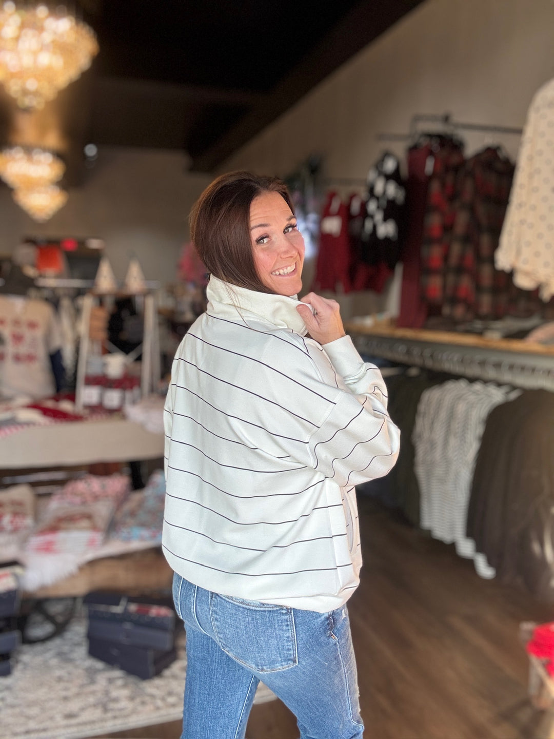 White & Black Stripe Quarter Zip