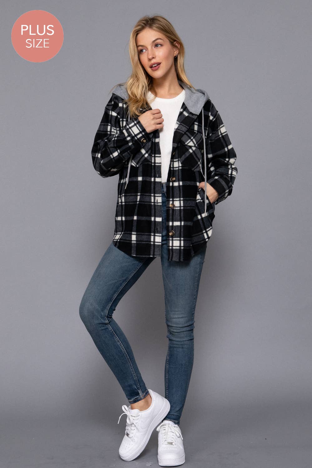 Gray Plaid Fleece Hooded Jacket