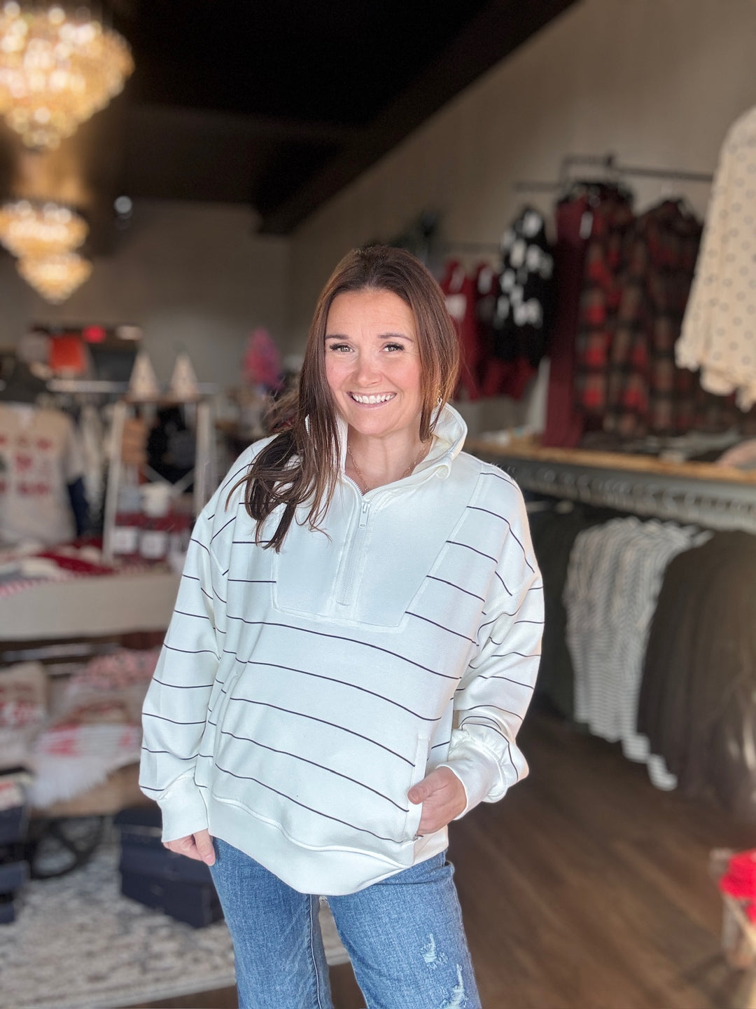 White & Black Stripe Quarter Zip