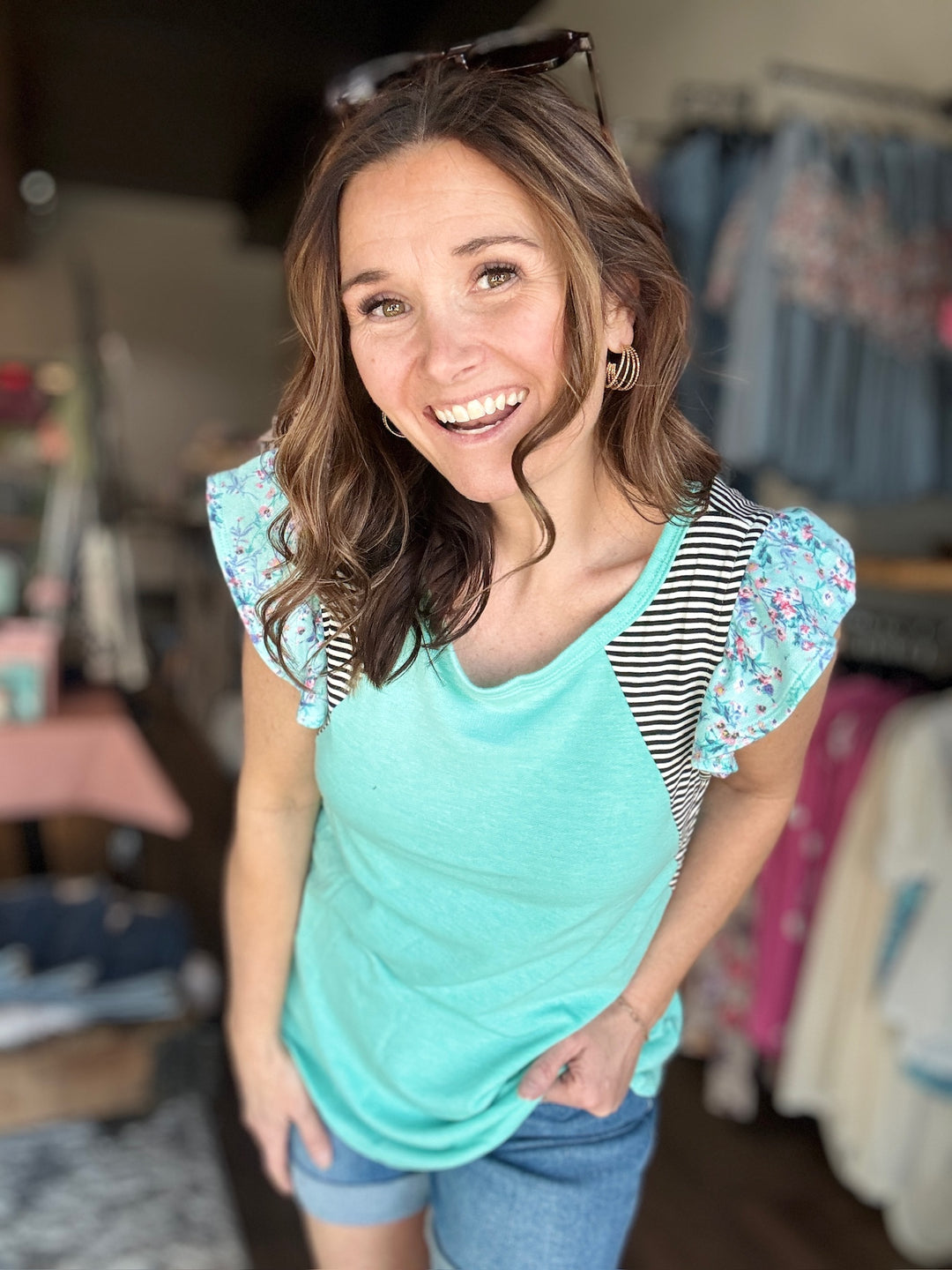 Flutter Sleeve Stripe & Floral Top