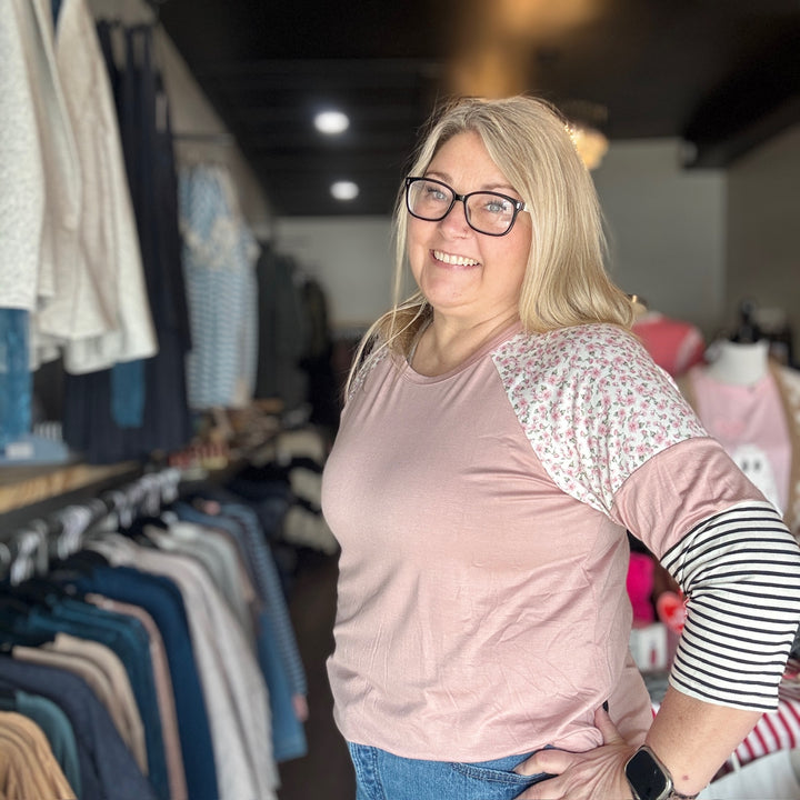 Dusty Pink Floral & Stripe Top