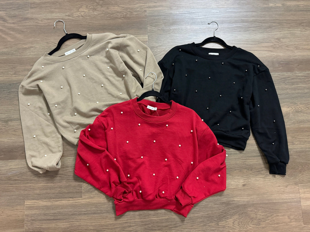 Crew Neck Pearl Stud Sweatshirt