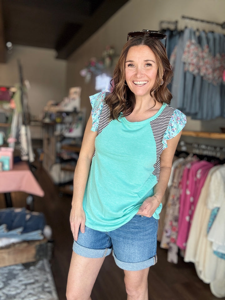 Flutter Sleeve Stripe & Floral Top