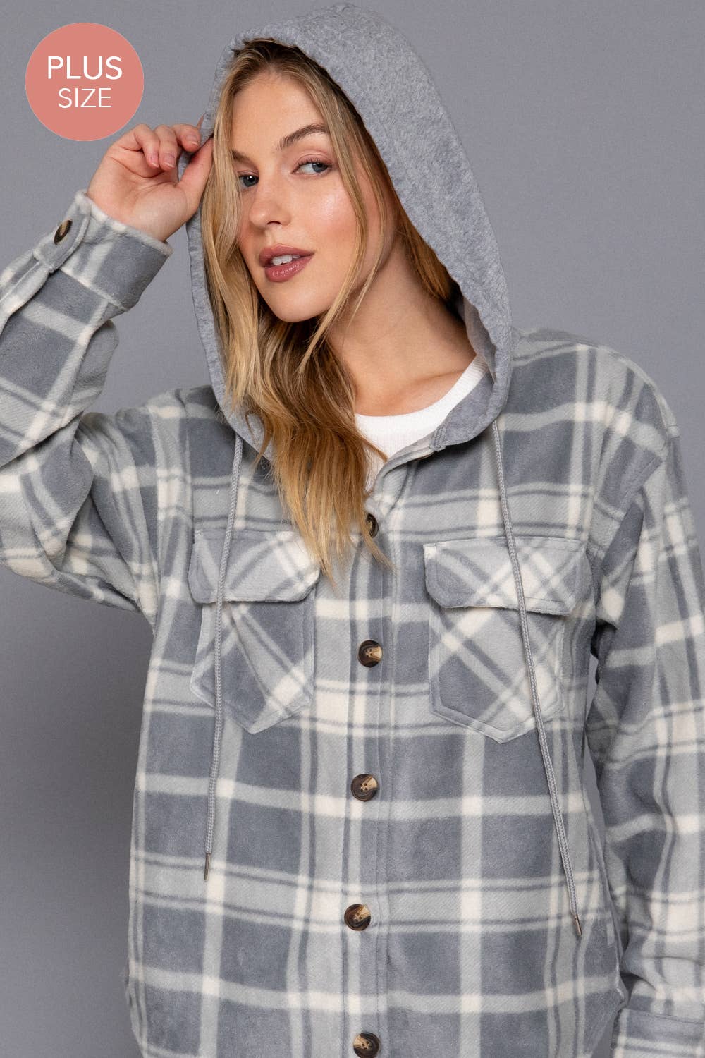 Gray Plaid Fleece Hooded Jacket