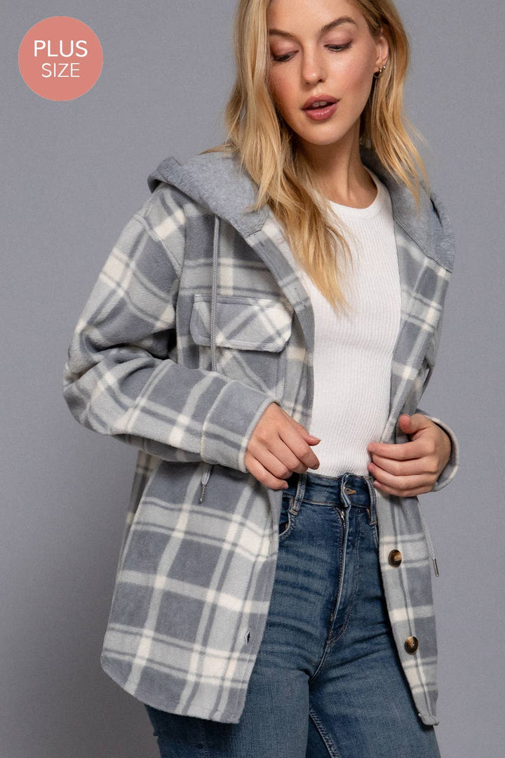 Gray Plaid Fleece Hooded Jacket