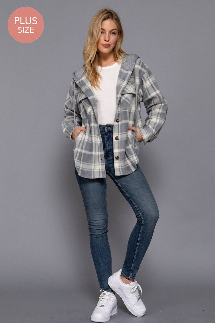 Gray Plaid Fleece Hooded Jacket