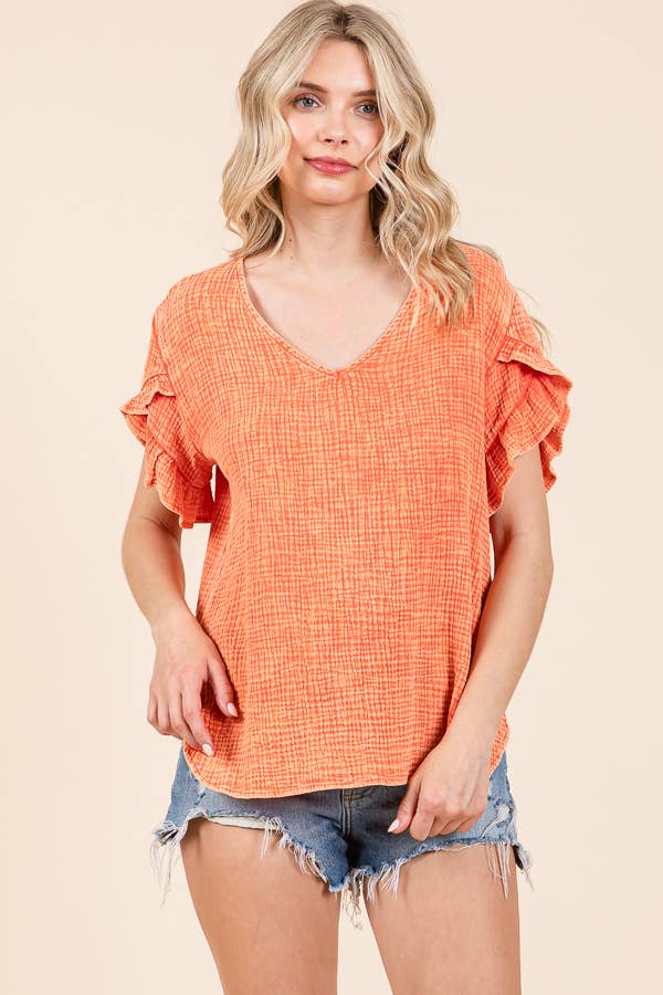 V-Neck Ruffle SSLV Top: S / PINK GIRL