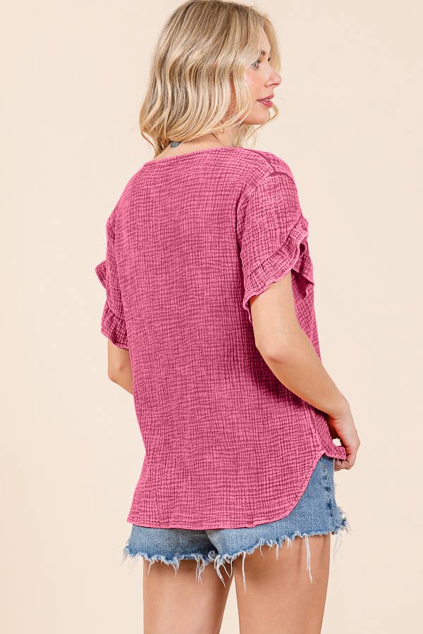 V-Neck Ruffle SSLV Top: S / PINK GIRL