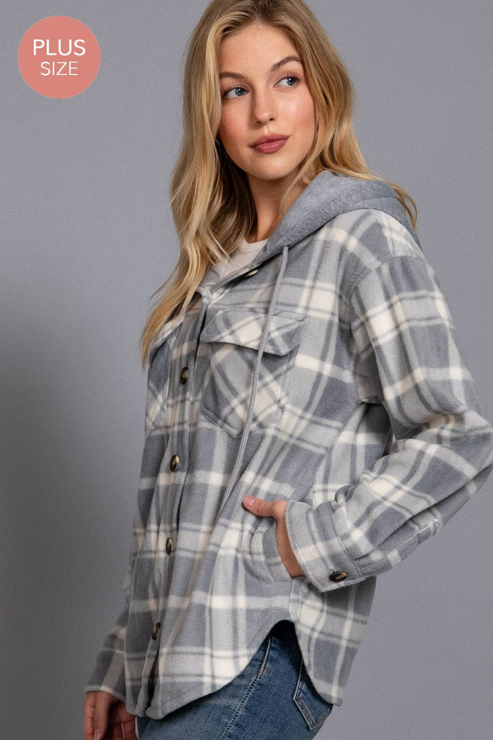 Gray Plaid Fleece Hooded Jacket